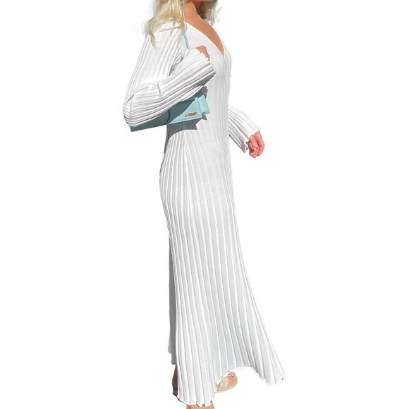 Women's Ribbed Knit Sweater Dress Casual Bodycon V Neck Long Sleeves - Picture 2 of 6